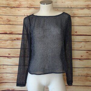 Mesh Button Back Boatneck Long Sleeve Blouse